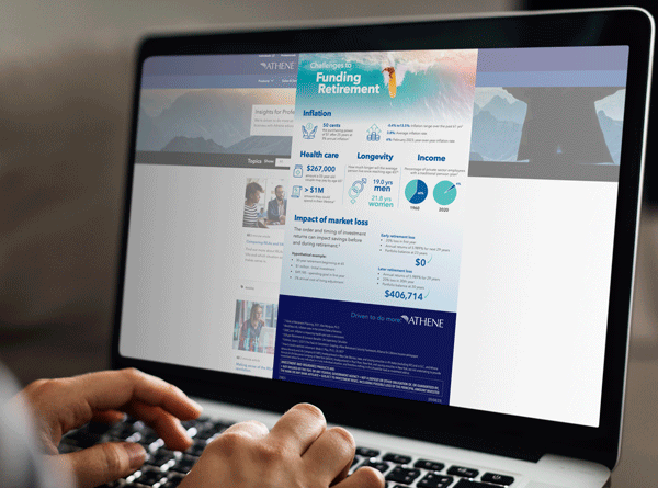Image of laptop computer with white hands on the keyboard and an image of an infographic on screen.